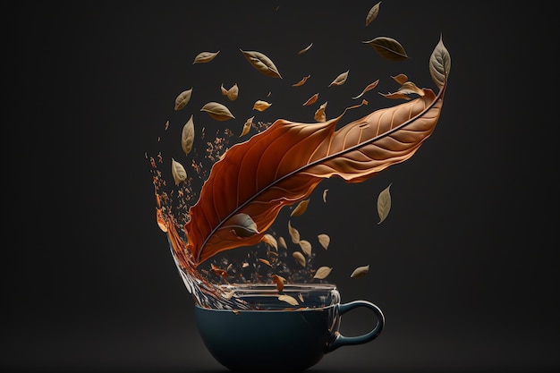 A cup of coffee with a feather floating in it