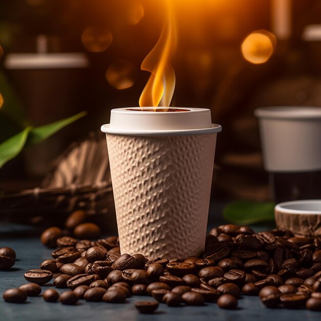 a cup of coffee with a flame on it