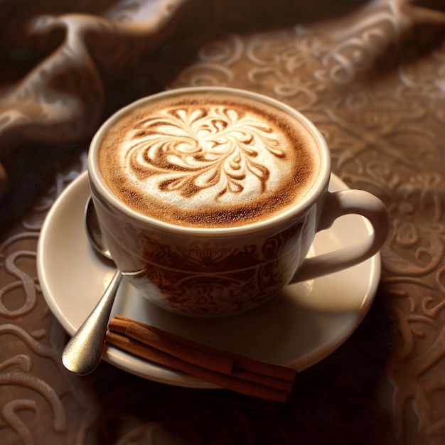 A cup of coffee with a floral design on the rim