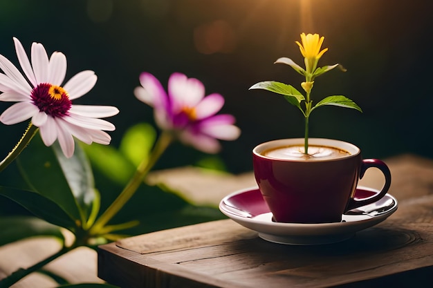 A cup of coffee with a flower in the foreground