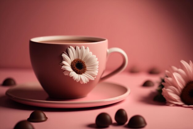 A cup of coffee with a flower on it