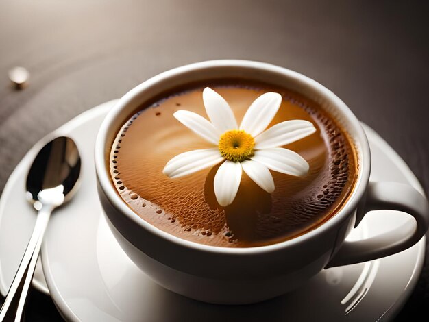 A cup of coffee with a flower in the middle of it