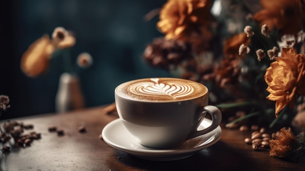 A cup of coffee with a flower on the table