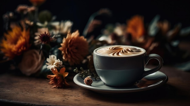 A cup of coffee with a flower on the table