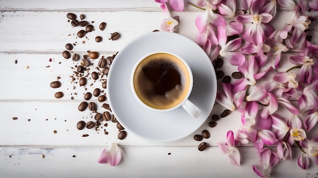 A cup of coffee with a flower on the table