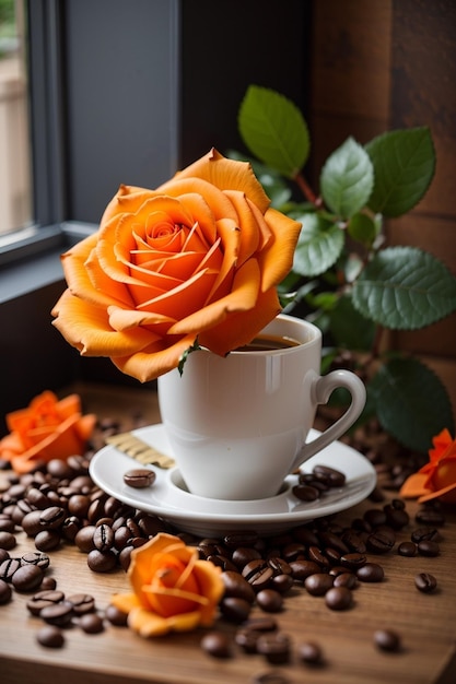 A cup of coffee with a flower on the table