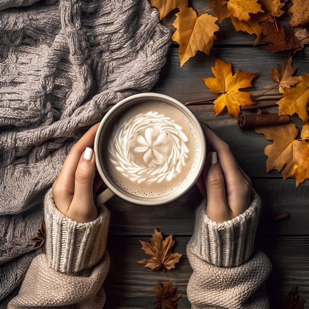 A cup of coffee with a flower on the top.