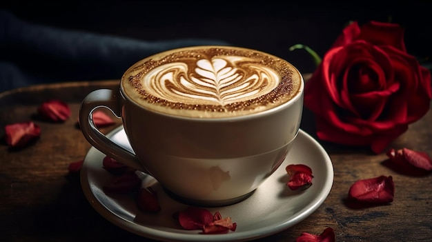 A cup of coffee with a flower on the top