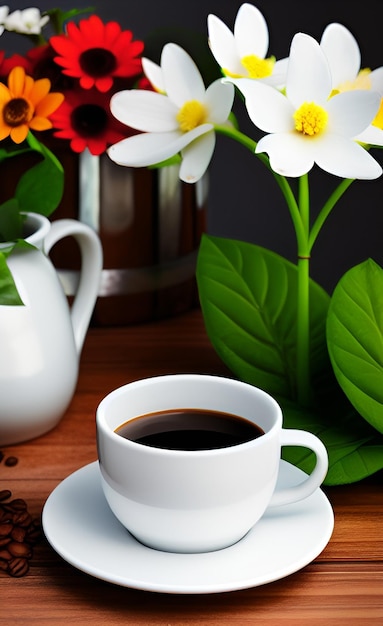 A cup of coffee with flowers in the background