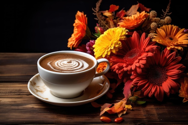 a cup of coffee with flowers and a flower