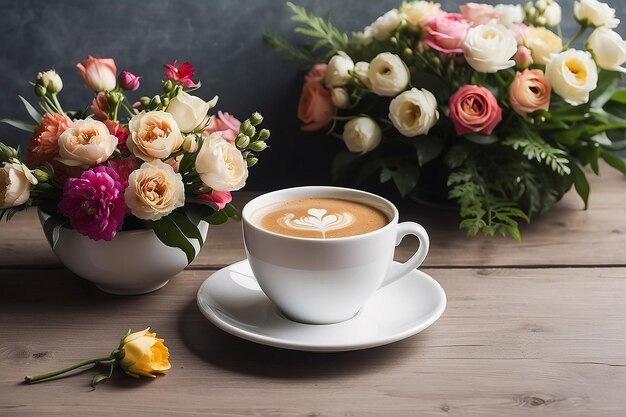 A cup of coffee with flowers on the table