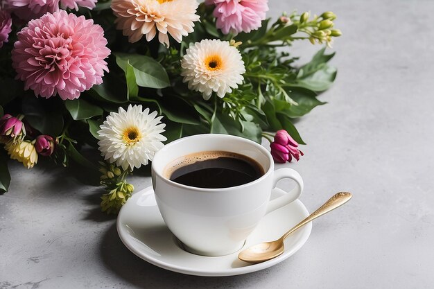 A cup of coffee with flowers on the table