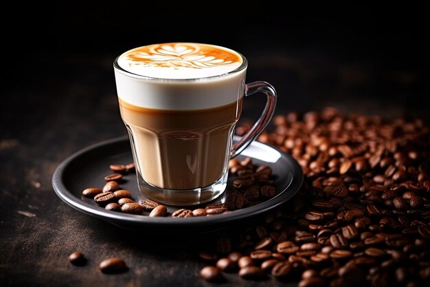 a cup of coffee with a foamy cappuccino in the background