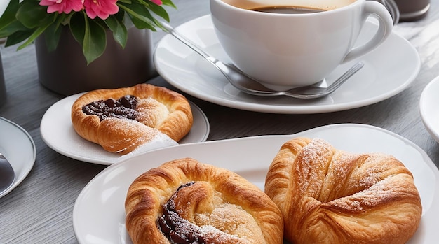 A cup of coffee with of freshly baked pastries