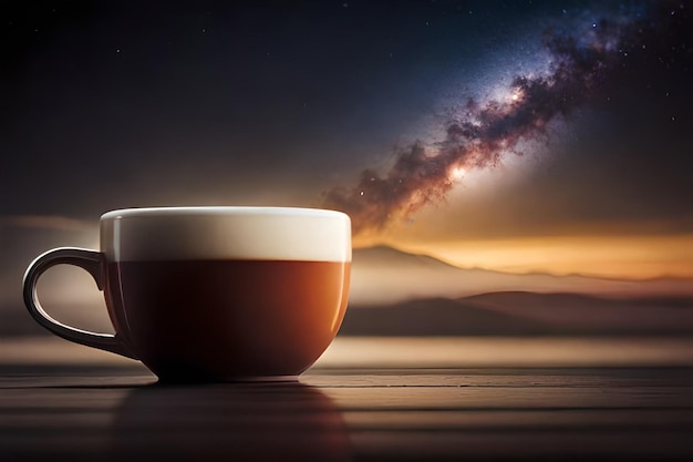 a cup of coffee with the galaxy in the background