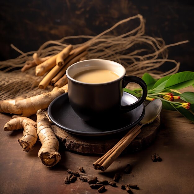 Foto una tazza di caffè con radice di zenzero e spezie