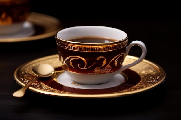 A cup of coffee with a gold rim and a spoon on a saucer