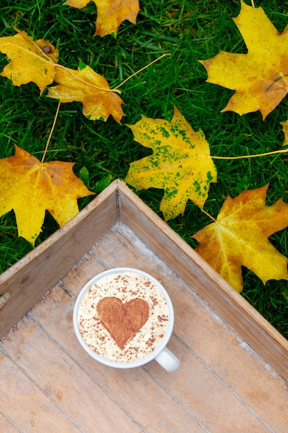 Cup of coffee with a heart of cinnamon on the table near a grass, maple leaves around