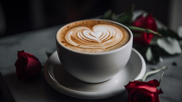 A cup of coffee with a heart design on the rim