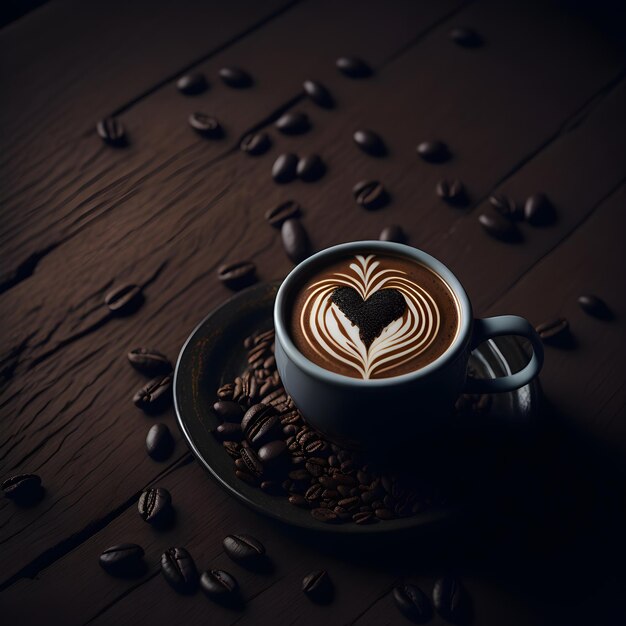 A cup of coffee with a heart design on the top coffee beans