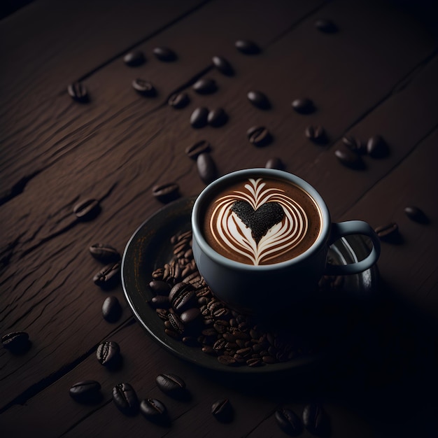 A cup of coffee with a heart design on the top.