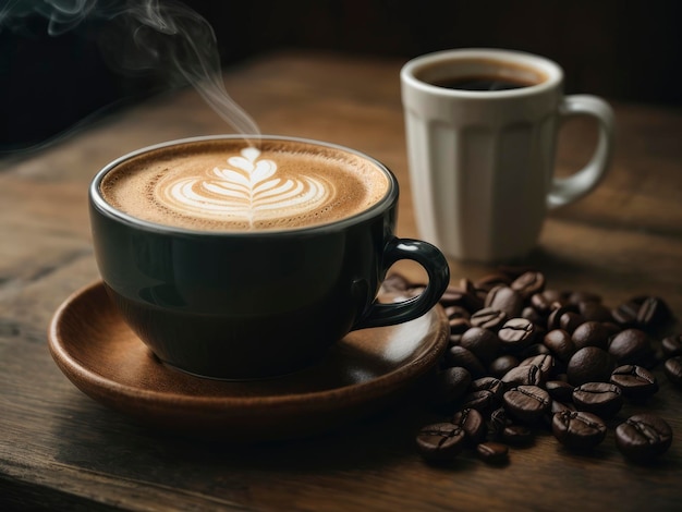 コーヒー豆の山の隣に心臓のあるコーヒーカップ