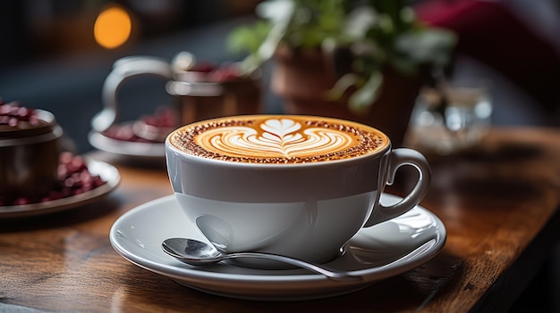 cup of coffee with a heart latte art on it and in a city coffee shop cafe