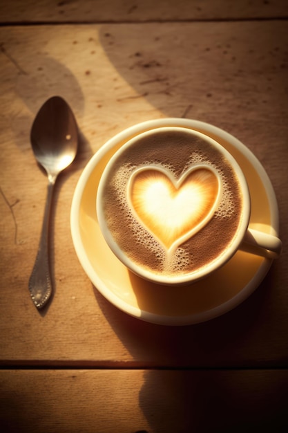 Cup of coffee with heart pattern and spoon on wooden table created using generative ai technology