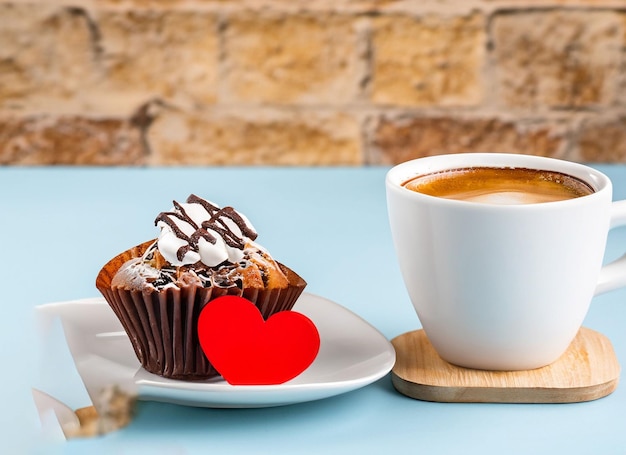 Photo cup of coffee with a heart on a plate with cake