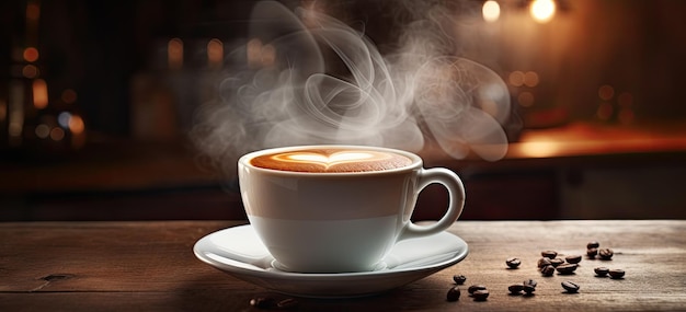 Cup of coffee with heart shape on wooden table in coffee shop