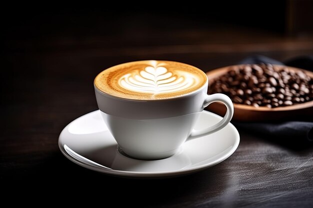 a cup of coffee with a heart shaped design on the top