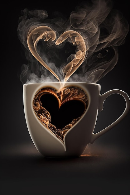 A cup of coffee with a heart shaped smoke coming out of it