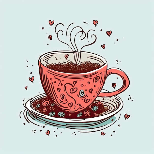 Cup of coffee with hearts Hand drawn vector illustration in sketch style Coffee Valentines Day clipart AI Generated