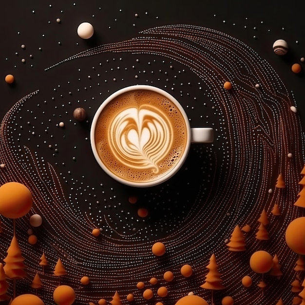 커피 원두 배경에 라테 아트가 있는 커피 한 잔