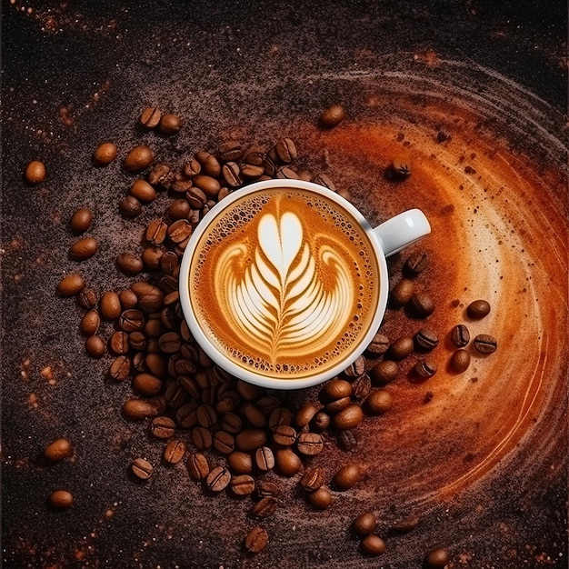 Cup of coffee with latte art on coffee beans background