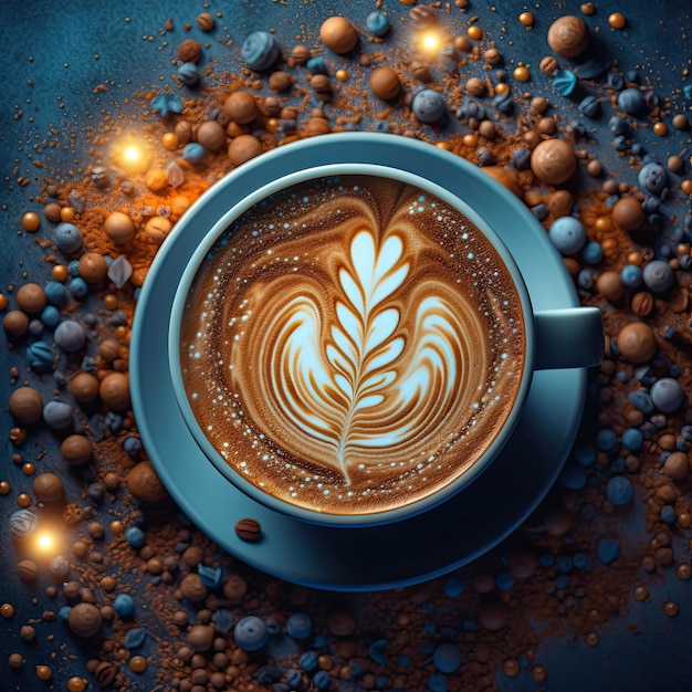 コーヒー豆の背景にラテアートとコーヒーのカップ