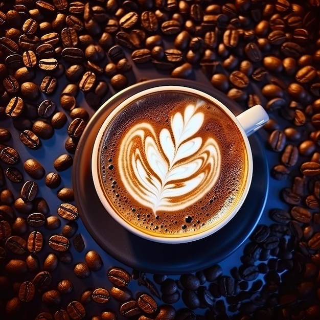 Cup of coffee with latte art on coffee beans background