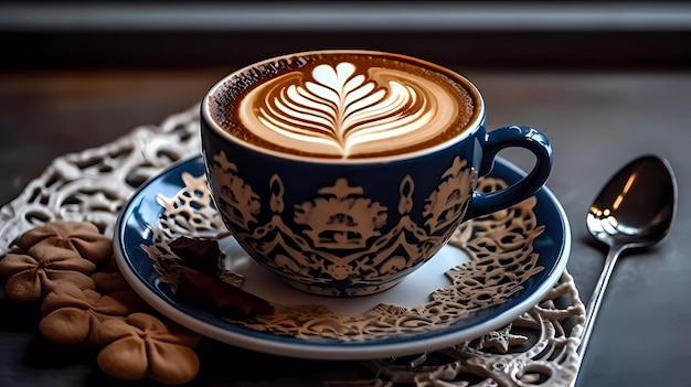 A cup of coffee with a latte art on it