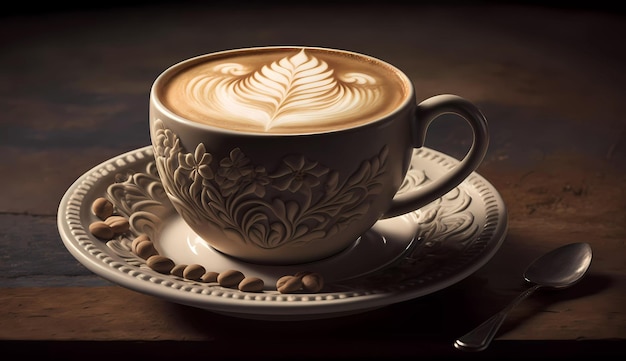 A cup of coffee with a latte art on it