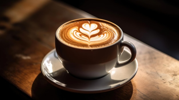 A cup of coffee with a latte art on the rim