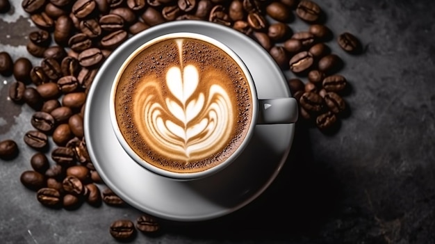 A cup of coffee with latte art and some coffee beans