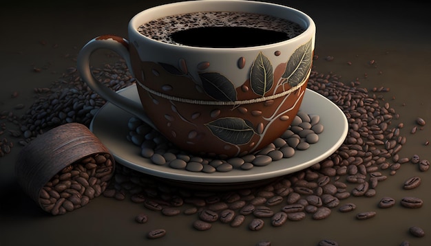 A cup of coffee with a leaf design on it