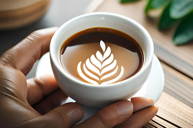 A cup of coffee with a leaf design on it