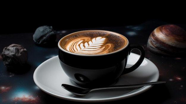 A cup of coffee with a leaf design on the rim