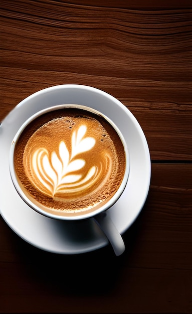 A cup of coffee with a leaf design on the rim