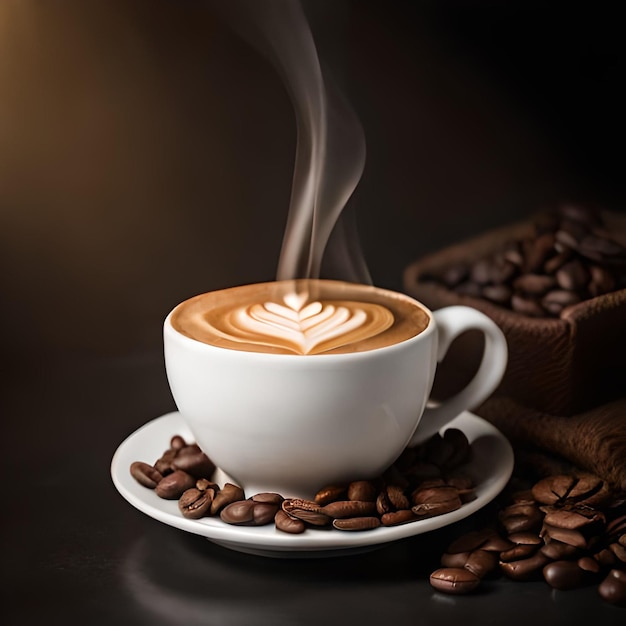 A cup of coffee with a leaf on it and coffee beans on the table.