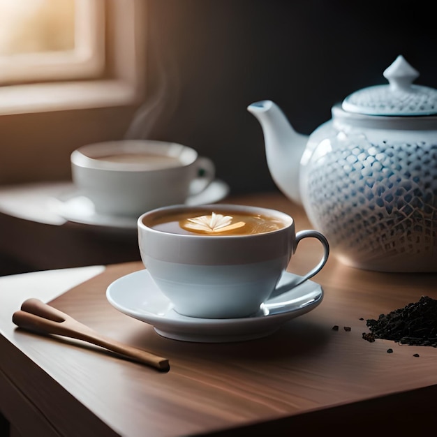 A cup of coffee with a leaf on it next to a teapot and a teapot.