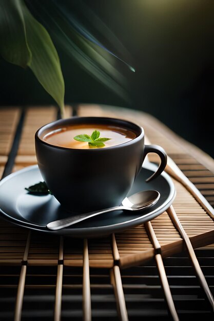 A cup of coffee with a leaf on it