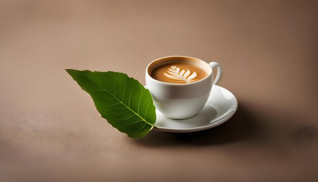 Photo a cup of coffee with a leaf on the side