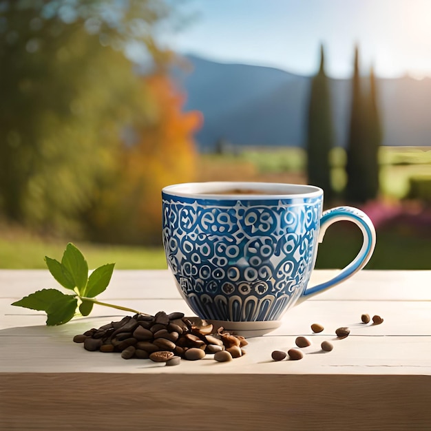 a cup of coffee with a leaf on the table